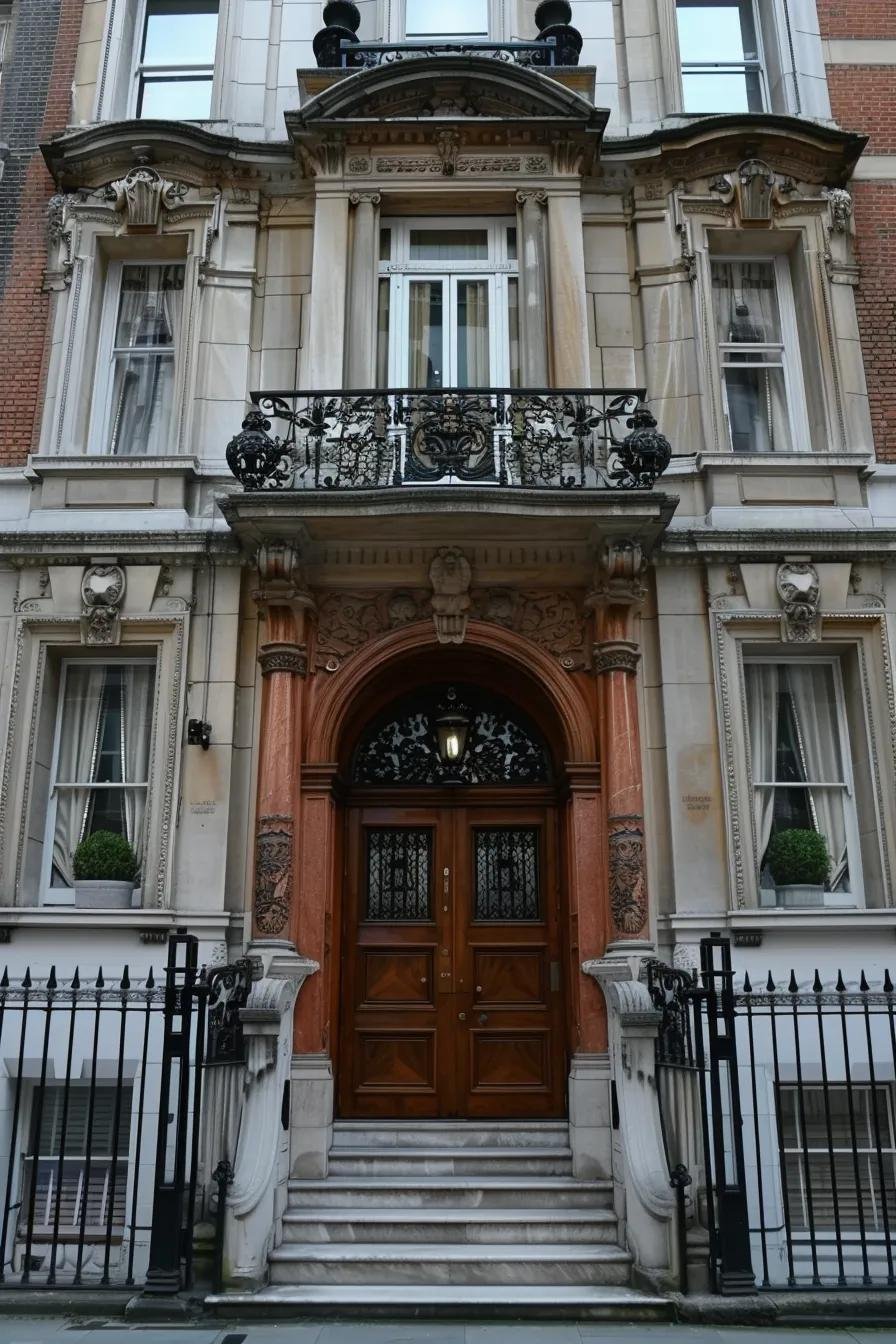 Elegant entrance of Contoura Medical clinic in London, featuring ornate architectural details, wooden double doors, and a decorative balcony, emphasizing the clinic's aesthetic focus.