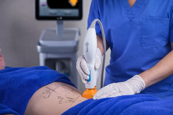 Body diagram highlighting Thermage treatment zones