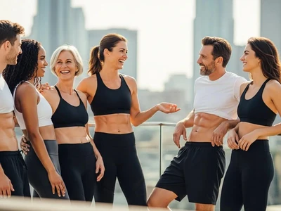 Group of diverse individuals in athletic wear showcasing defined physiques and engaging in conversation, reflecting the results of body sculpting and fitness, relevant to Vaser Hi-Def liposuction and precision body contouring.
