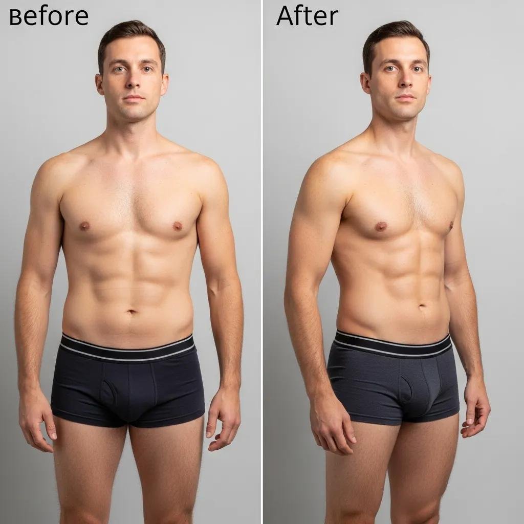 Before and after comparison of a patient who underwent VASER liposuction, showcasing significant body contouring results