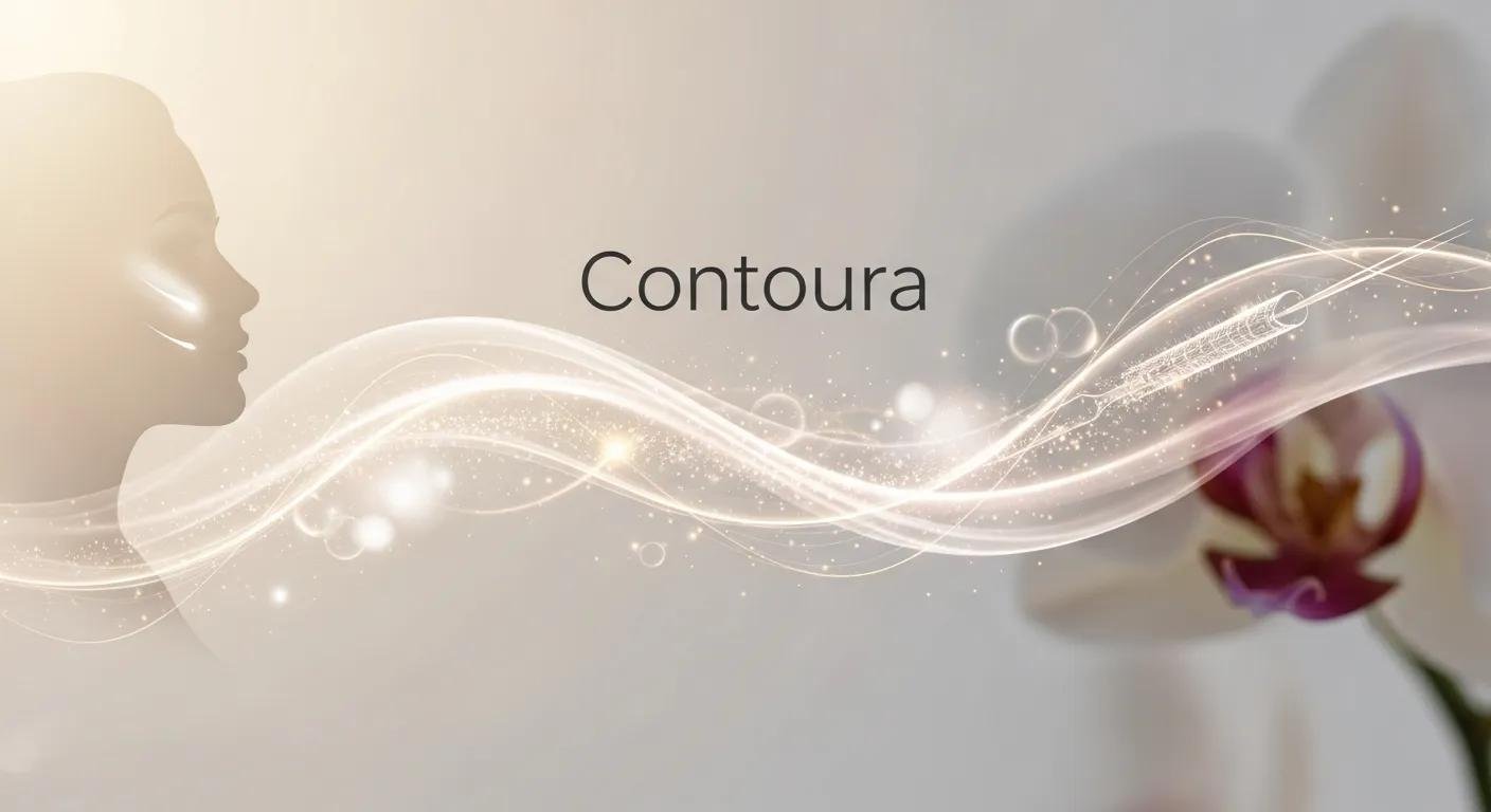 Silhouette of a woman's profile with glowing accents, featuring the word "Contoura" and soft, swirling light effects, symbolizing aesthetic care and body contouring at Contoura Medical clinic.