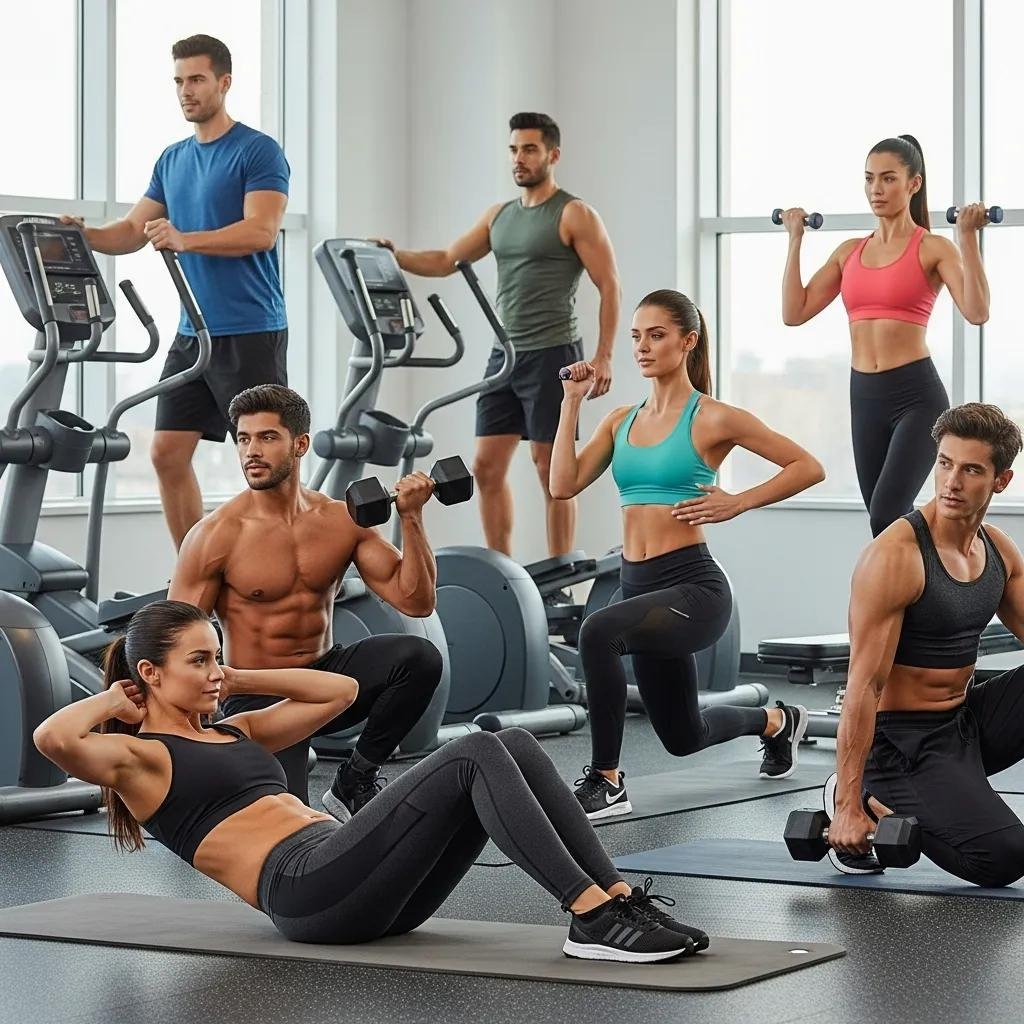 Diverse group of healthy individuals in a fitness environment, representing potential candidates for VASER liposuction