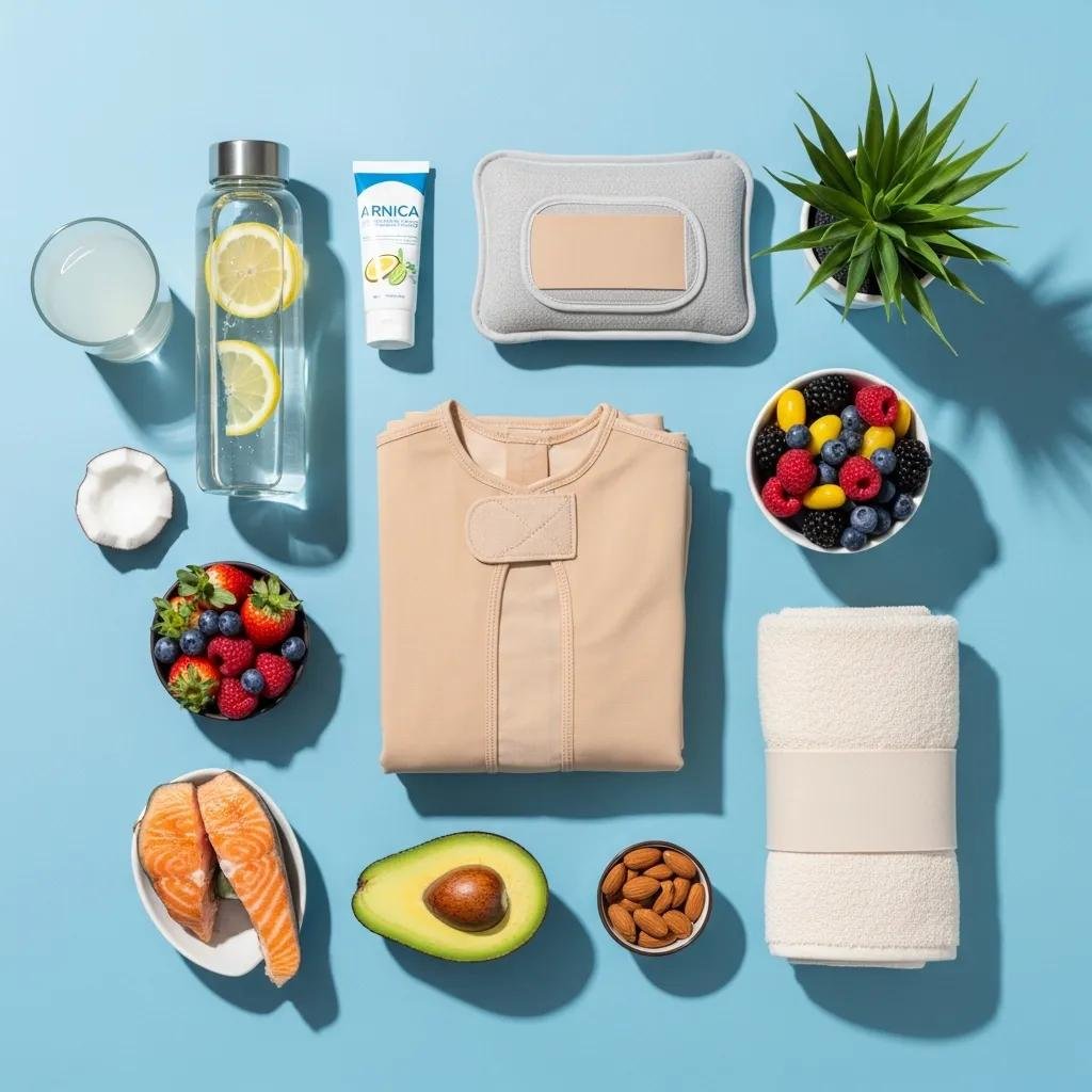 Essential aftercare items for laser liposuction recovery, including compression garment, healthy foods like salmon, avocado, mixed berries, almonds, arnica cream, water with lemon, and a towel, arranged on a blue background.