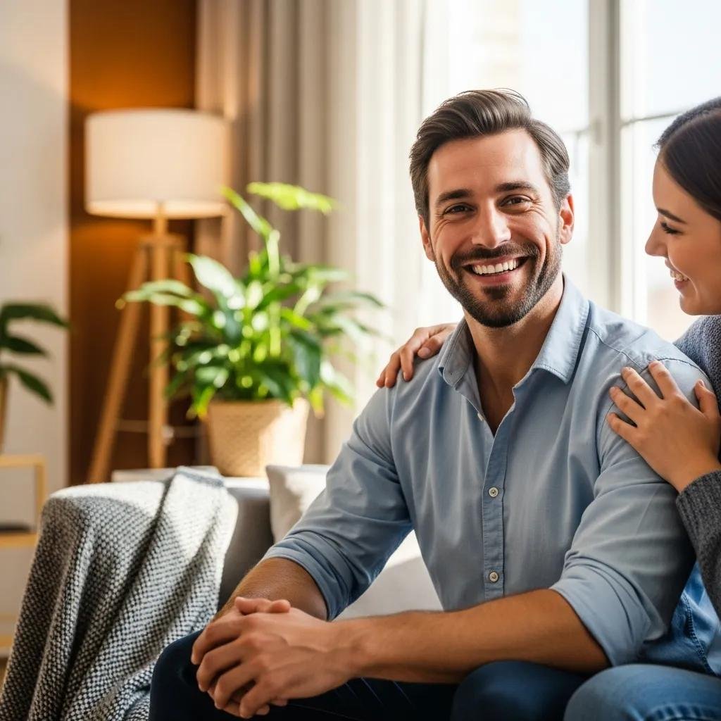 Happy patient sharing positive experience after gynaecomastia surgery