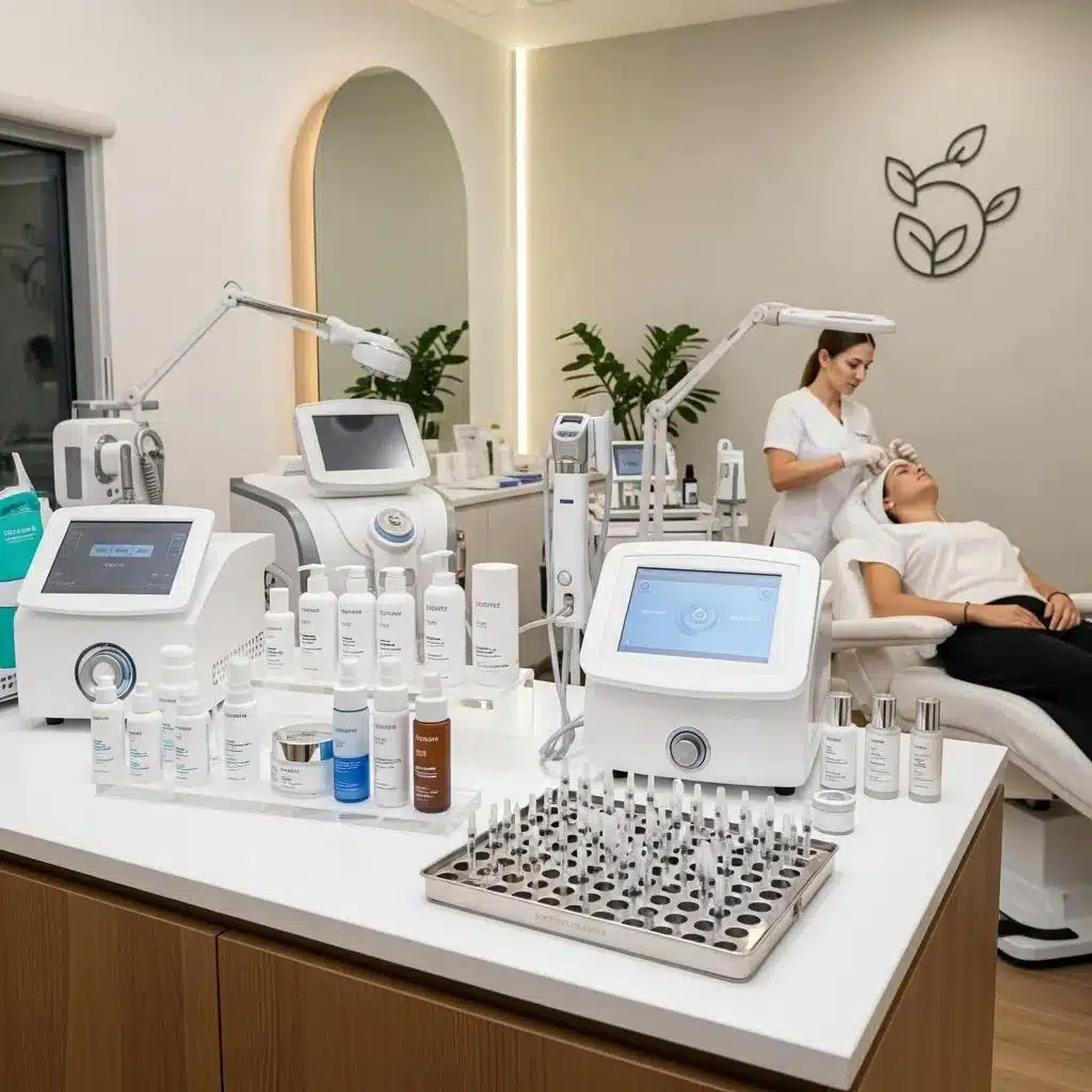 Modern aesthetic medicine clinic with skincare products and treatment equipment